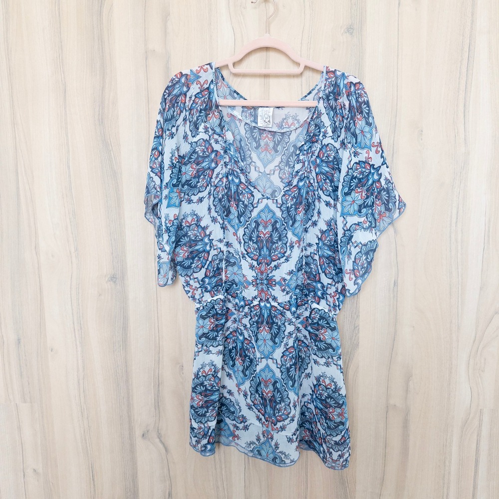 Becca Womens Swim Cover‎ Up M/L Blue Paisley Sheer Boho Coastal Resort Beach